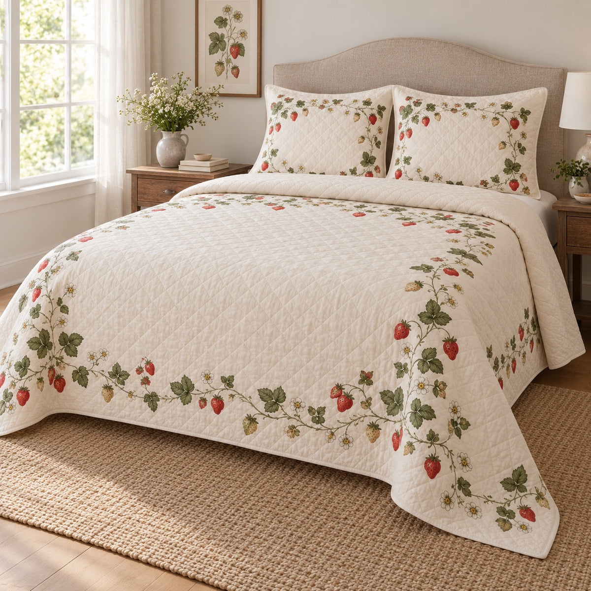 Cream Berry Vine Strawberry Lovers Quilt Set, angled strawberry lovers bedroom view