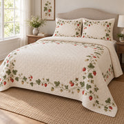 Cream Berry Vine Strawberry Lovers Quilt Set, angled strawberry lovers bedroom view