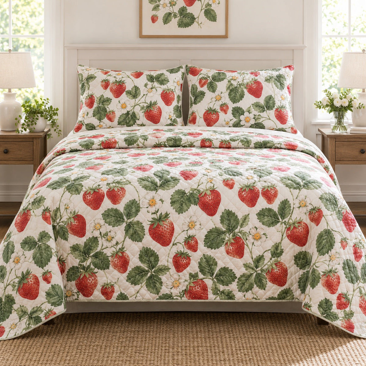 Sunlit Strawberry Strawberry Lovers Quilt Set, front strawberry lovers bedroom view