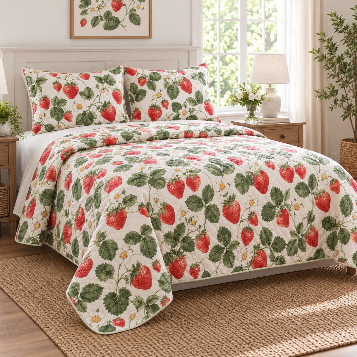 Sunlit Strawberry Strawberry Lovers Quilt Set, angled strawberry lovers bedroom view