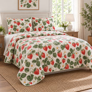Sunlit Strawberry Strawberry Lovers Quilt Set, angled strawberry lovers bedroom view