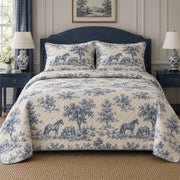 Blue Meadow Toile Horse Country Toile Quilt Set, front horse country toile bedroom view