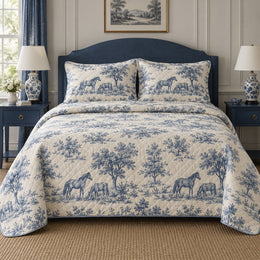 Blue Meadow Toile Horse Country Toile Quilt Set