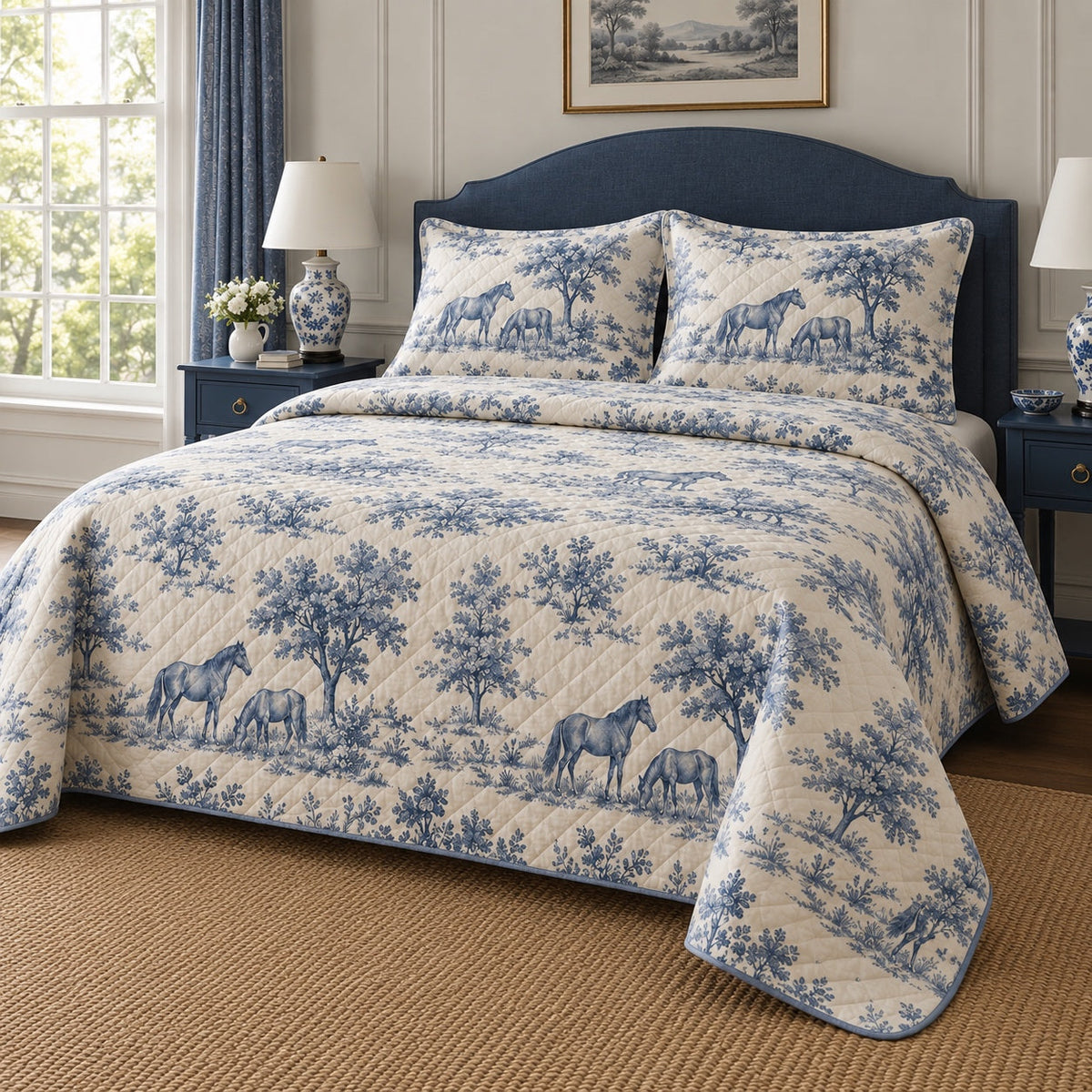 Blue Meadow Toile Horse Country Toile Quilt Set, angled horse country toile bedroom view