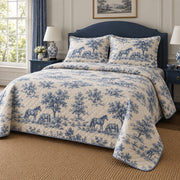 Blue Meadow Toile Horse Country Toile Quilt Set, angled horse country toile bedroom view