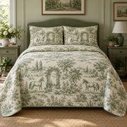 Sage Stable Toile Horse Country Toile Quilt Set, front horse country toile bedroom view