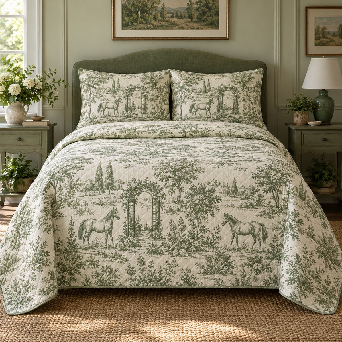 Sage Stable Toile Horse Country Toile Quilt Set, front horse country toile bedroom view