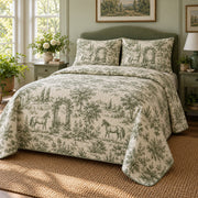 Sage Stable Toile Horse Country Toile Quilt Set, angled horse country toile bedroom view