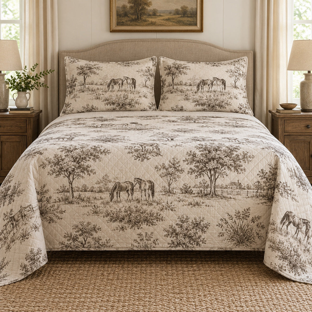 Sepia Pasture Toile Horse Country Toile Quilt Set, front horse country toile bedroom view