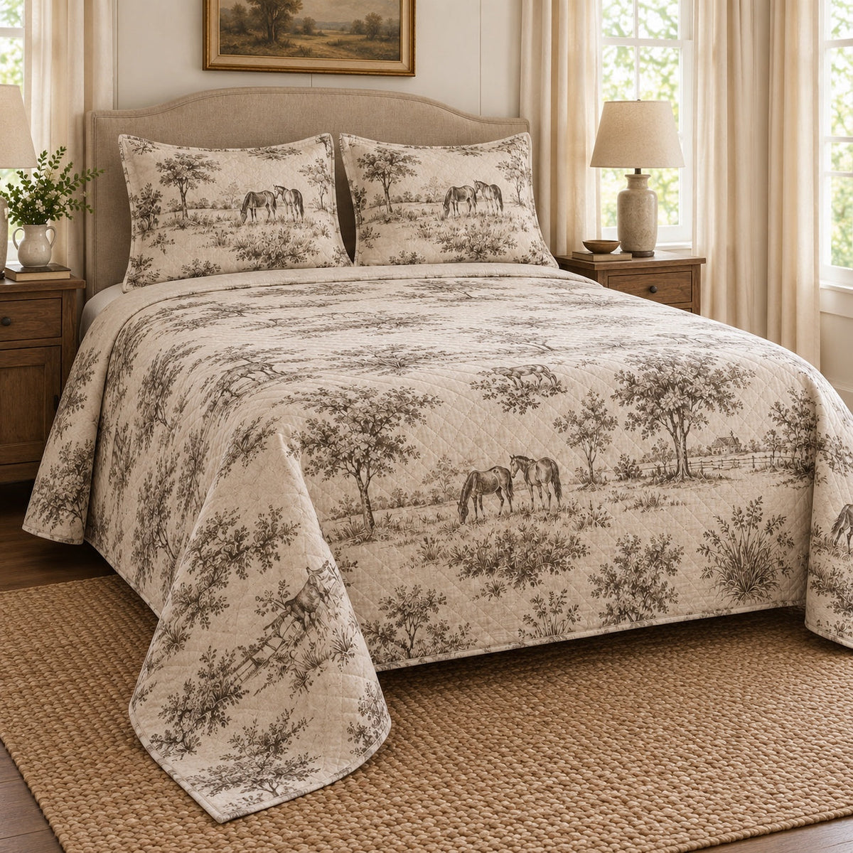 Sepia Pasture Toile Horse Country Toile Quilt Set, angled horse country toile bedroom view