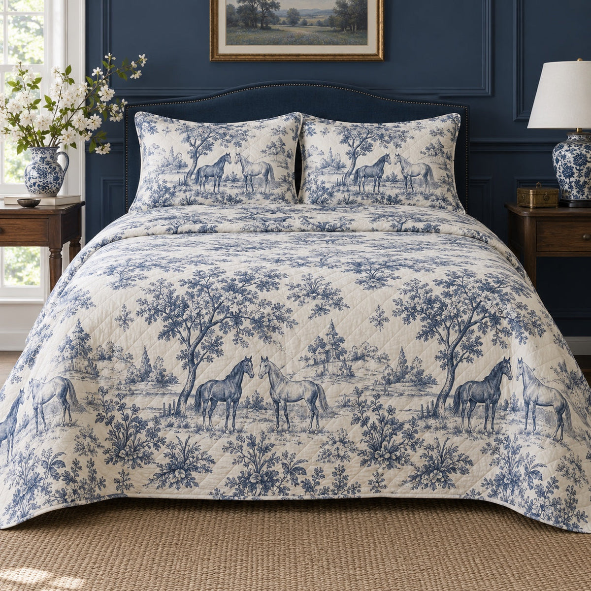 Indigo Orchard Toile Horse Country Toile Quilt Set, front horse country toile bedroom view
