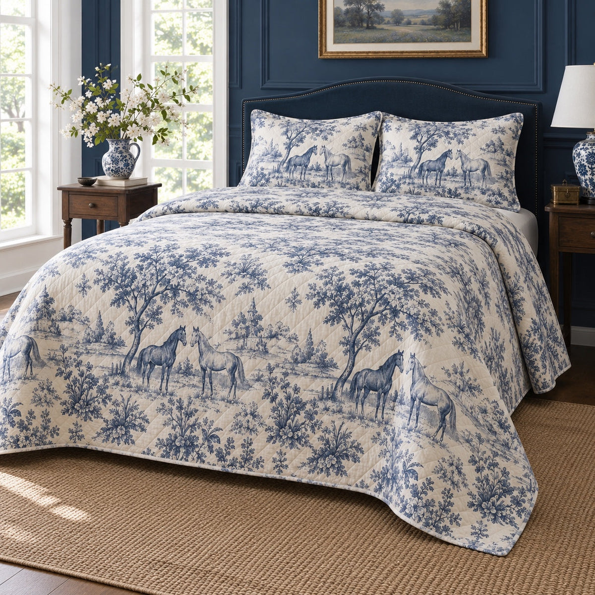 Indigo Orchard Toile Horse Country Toile Quilt Set, angled horse country toile bedroom view