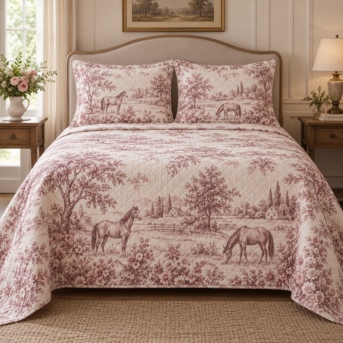 Rosewood Country Toile Horse Country Toile Quilt Set, front horse country toile bedroom view