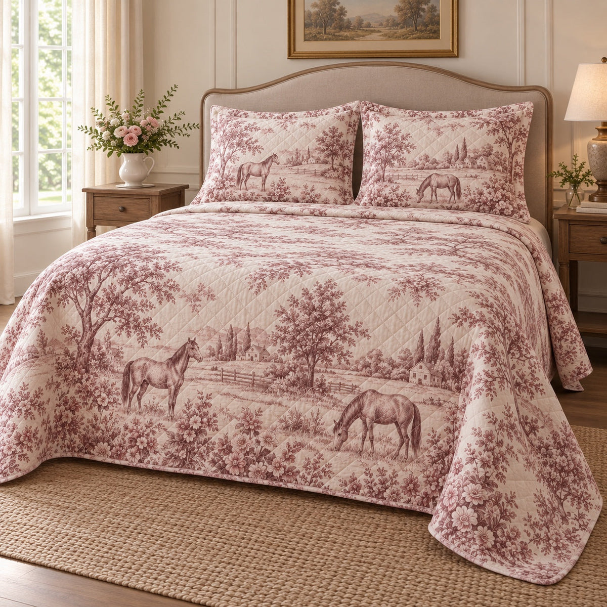 Rosewood Country Toile Horse Country Toile Quilt Set, angled horse country toile bedroom view