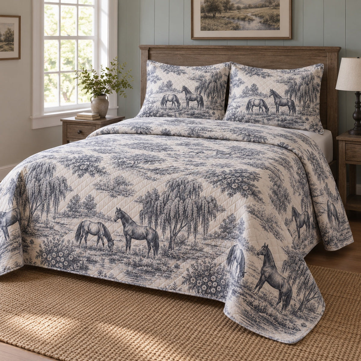Slate Creek Toile Horse Country Toile Quilt Set, angled horse country toile bedroom view
