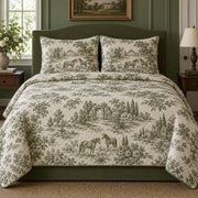 Olive Manor Toile Horse Country Toile Quilt Set, front horse country toile bedroom view