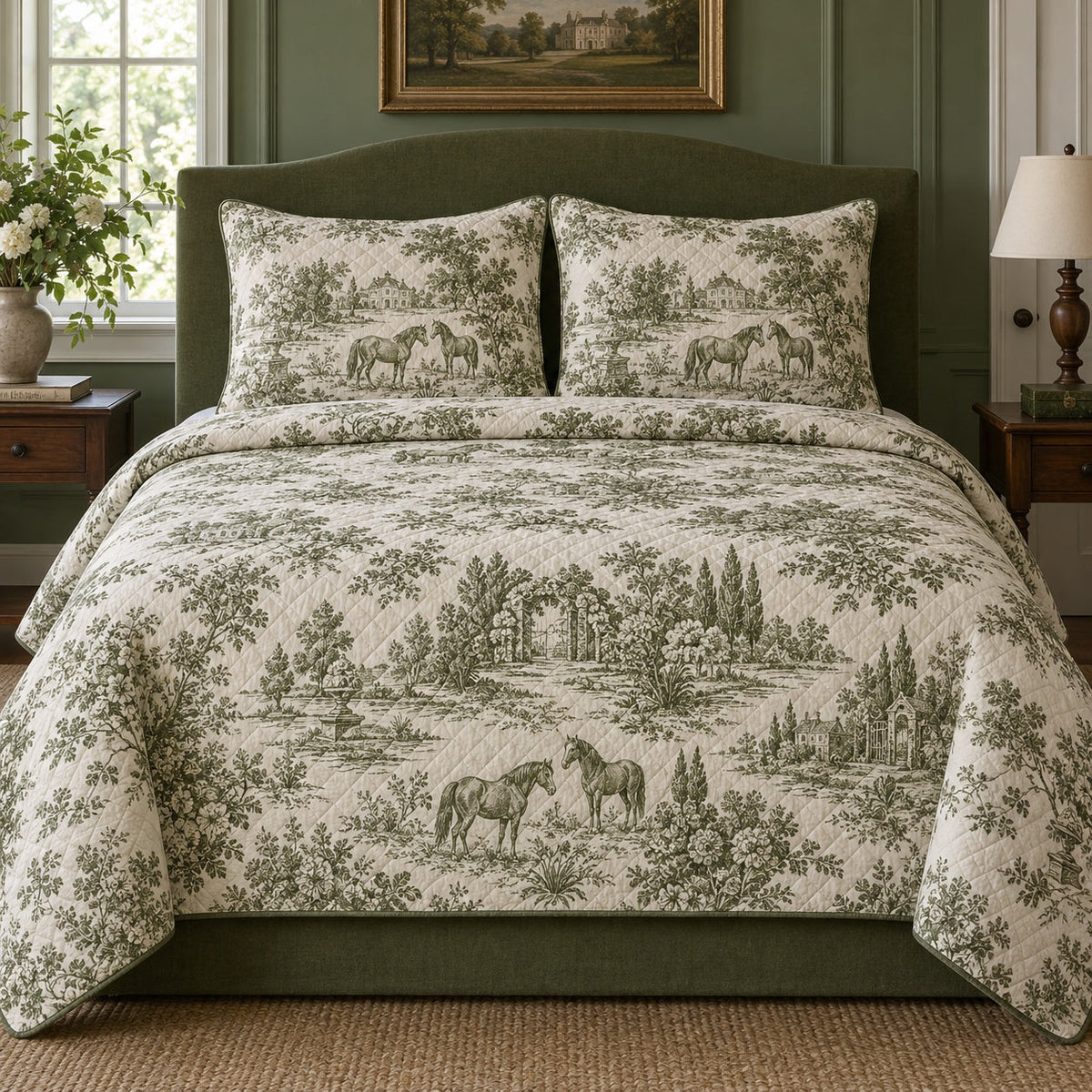Olive Manor Toile Horse Country Toile Quilt Set, front horse country toile bedroom view