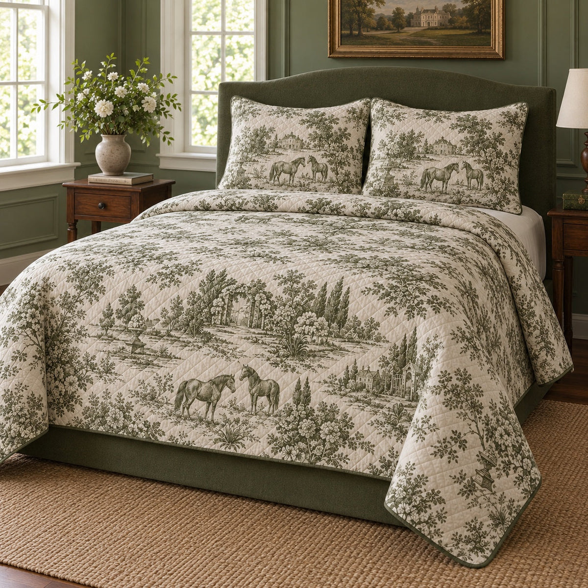 Olive Manor Toile Horse Country Toile Quilt Set, angled horse country toile bedroom view