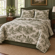Olive Manor Toile Horse Country Toile Quilt Set, angled horse country toile bedroom view
