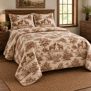 Copper Field Toile Horse Country Toile Quilt Set, angled horse country toile bedroom view