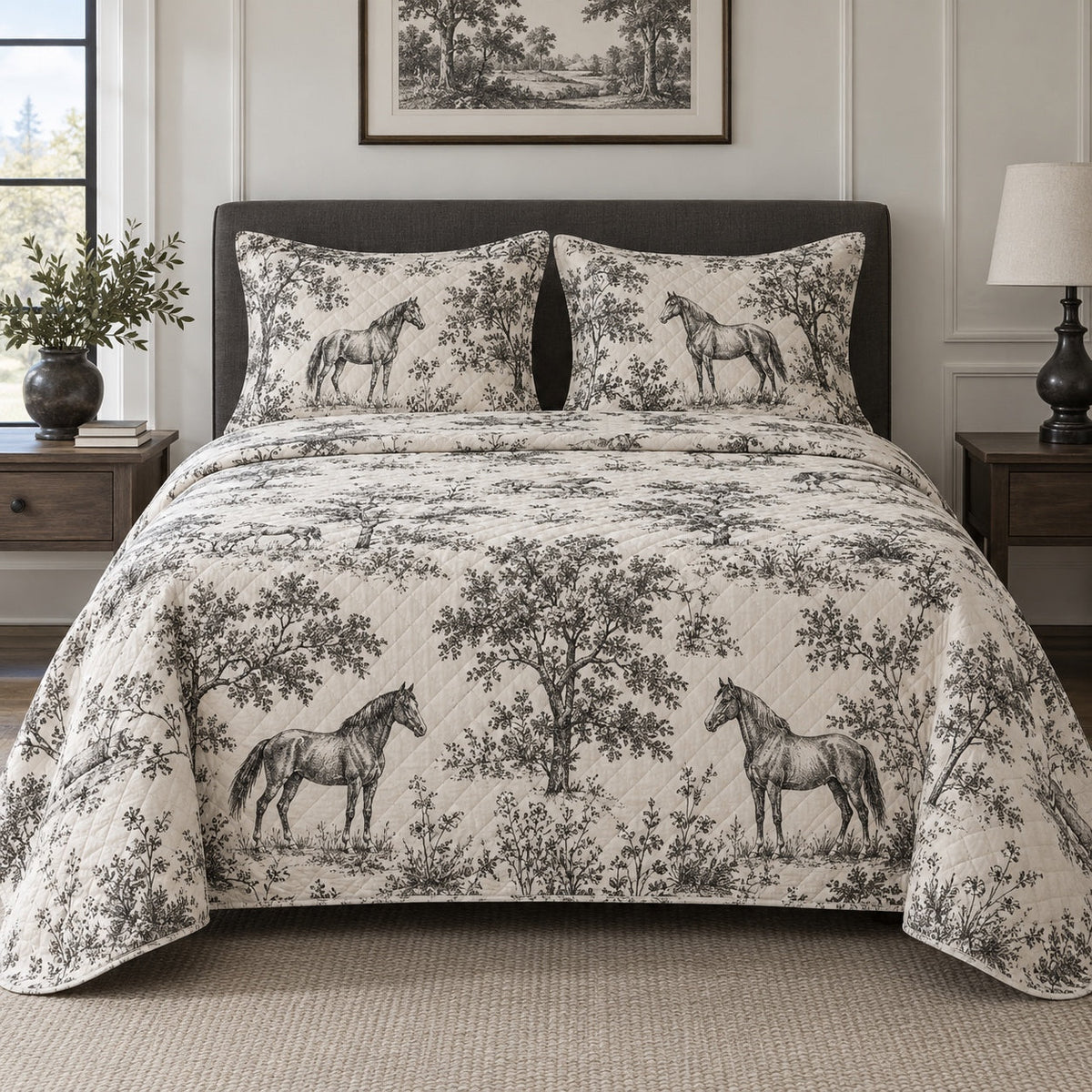 Charcoal Riding Toile Horse Country Toile Quilt Set, front horse country toile bedroom view