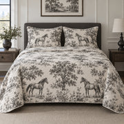 Charcoal Riding Toile Horse Country Toile Quilt Set, front horse country toile bedroom view