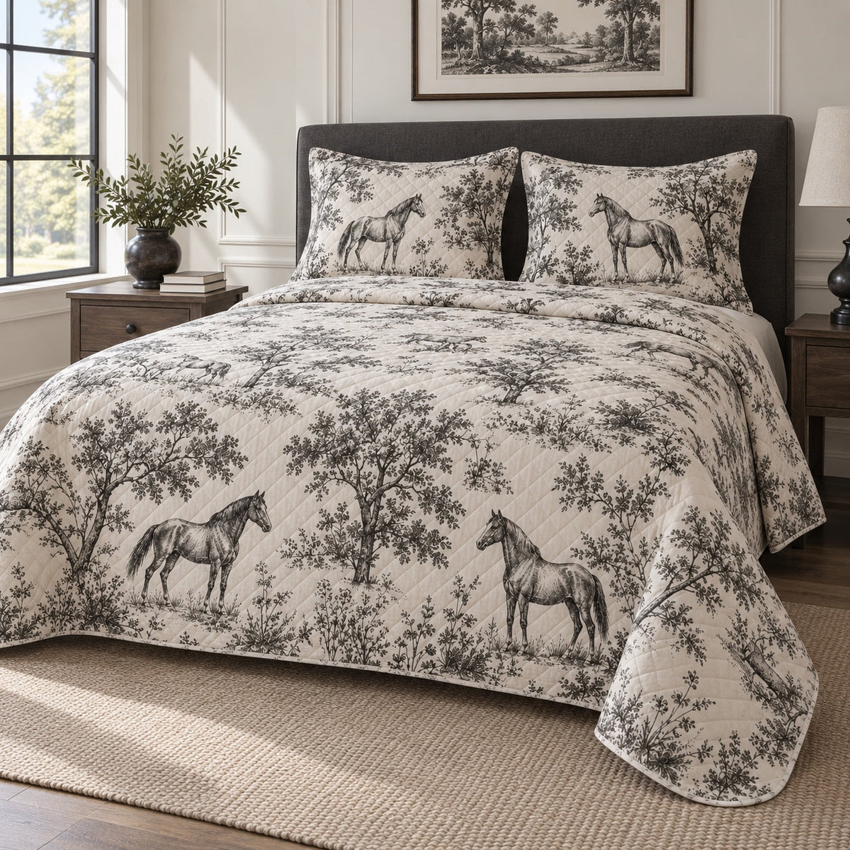 Charcoal Riding Toile Horse Country Toile Quilt Set, angled horse country toile bedroom view