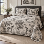 Charcoal Riding Toile Horse Country Toile Quilt Set, angled horse country toile bedroom view