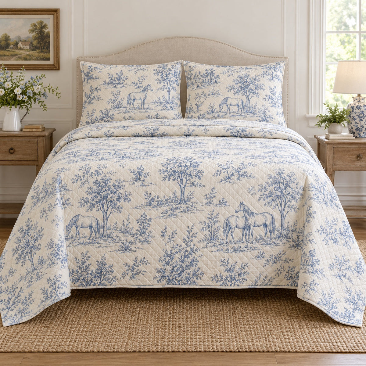 Pale Blue Dawn Toile Horse Country Toile Quilt Set, front horse country toile bedroom view