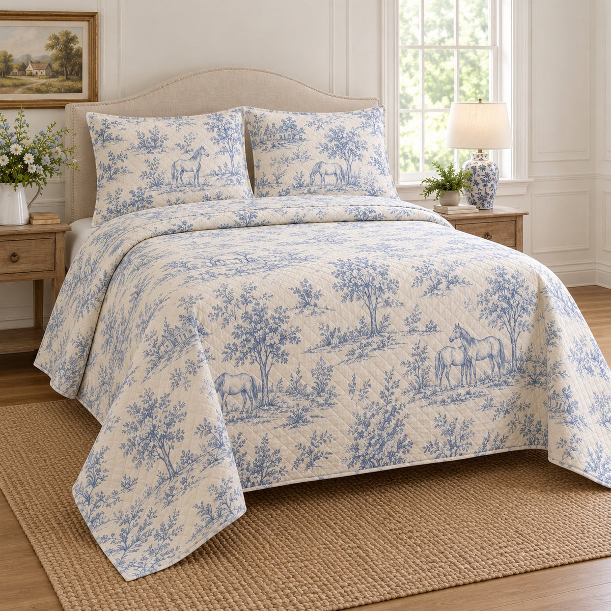 Pale Blue Dawn Toile Horse Country Toile Quilt Set, angled horse country toile bedroom view