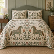 Sage Folk Tree Horse Folk Garden Quilt Set, front horse folk garden bedroom view