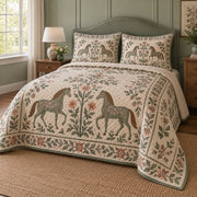 Sage Folk Tree Horse Folk Garden Quilt Set, angled horse folk garden bedroom view