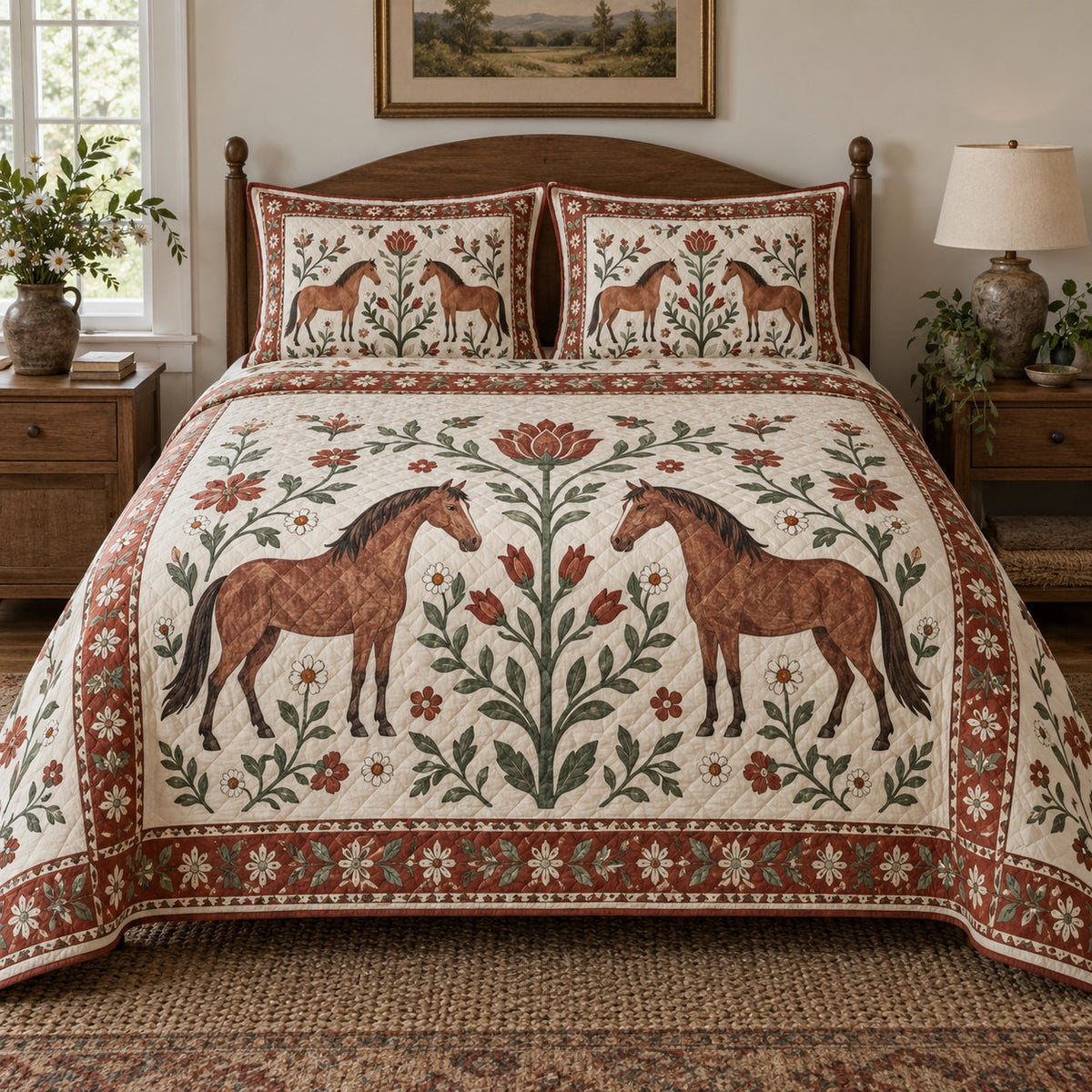 Terracotta Folk Garden Horse Folk Garden Quilt Set, front horse folk garden bedroom view