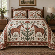 Terracotta Folk Garden Horse Folk Garden Quilt Set, front horse folk garden bedroom view