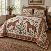 Terracotta Folk Garden Horse Folk Garden Quilt Set, angled horse folk garden bedroom view