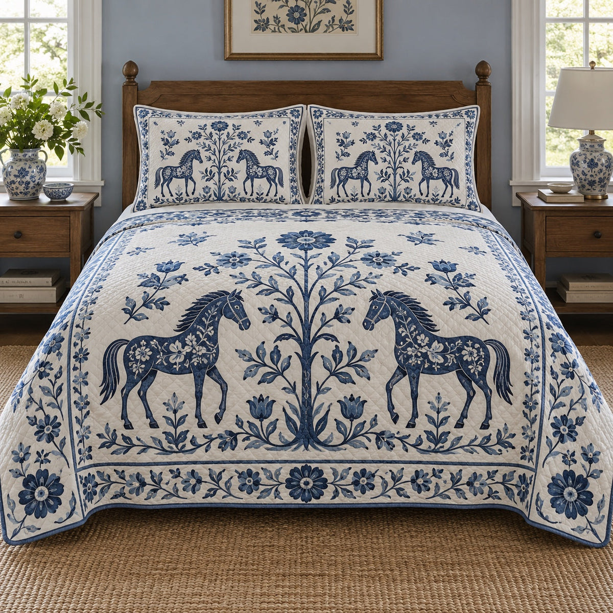 Blue Folk Orchard Horse Folk Garden Quilt Set, front horse folk garden bedroom view