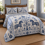 Blue Folk Orchard Horse Folk Garden Quilt Set, angled horse folk garden bedroom view