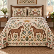 Golden Meadow Folk Horse Folk Garden Quilt Set, front horse folk garden bedroom view