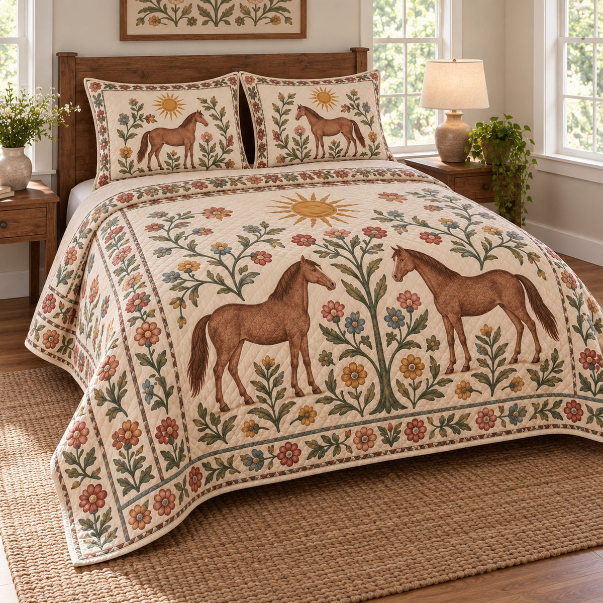 Golden Meadow Folk Horse Folk Garden Quilt Set, angled horse folk garden bedroom view