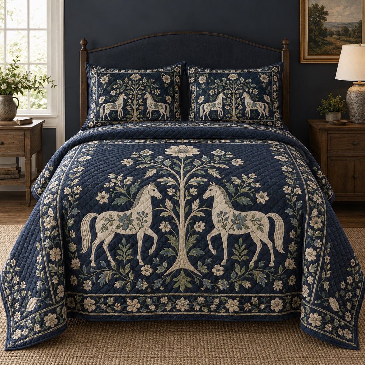 Midnight Folk Horse Horse Folk Garden Quilt Set, front horse folk garden bedroom view