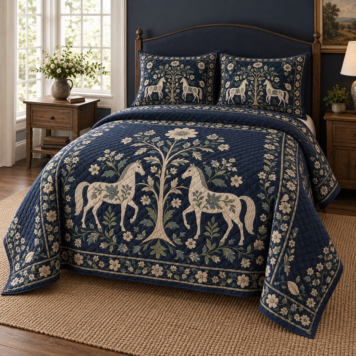 Midnight Folk Horse Horse Folk Garden Quilt Set, angled horse folk garden bedroom view