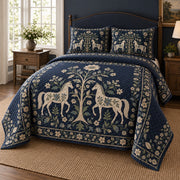 Midnight Folk Horse Horse Folk Garden Quilt Set, angled horse folk garden bedroom view