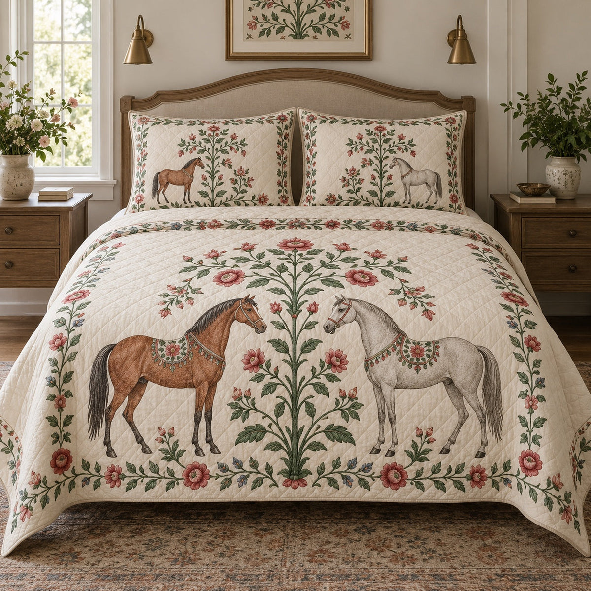 Rose Folk Bower Horse Folk Garden Quilt Set, front horse folk garden bedroom view