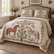 Rose Folk Bower Horse Folk Garden Quilt Set, angled horse folk garden bedroom view