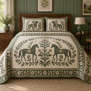 Olive Folk Wreath Horse Folk Garden Quilt Set, front horse folk garden bedroom view