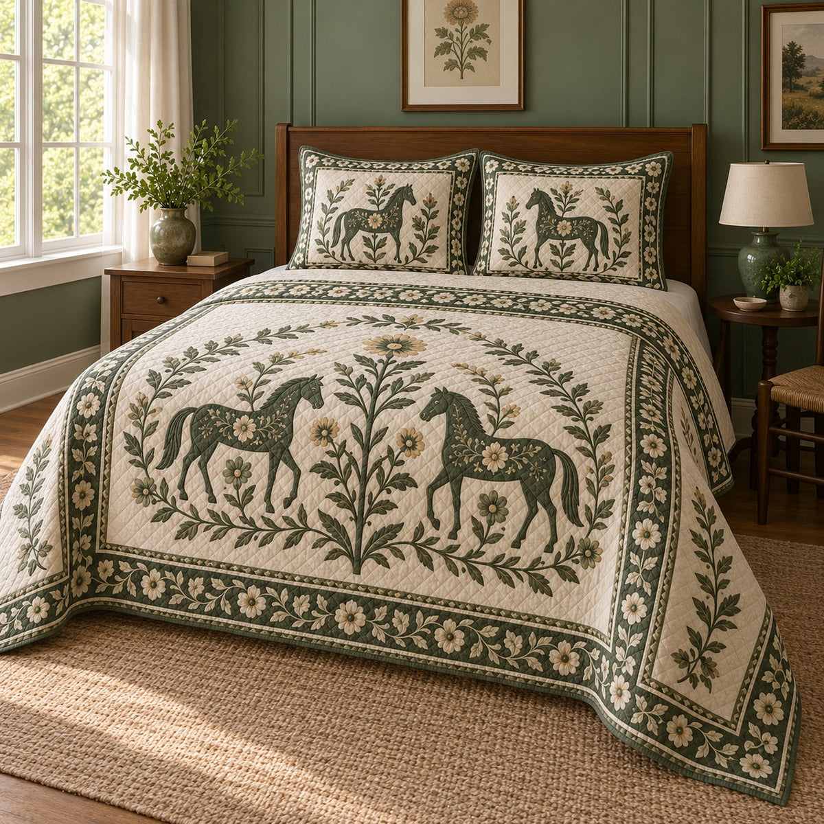 Olive Folk Wreath Horse Folk Garden Quilt Set, angled horse folk garden bedroom view