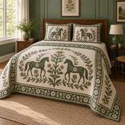 Olive Folk Wreath Horse Folk Garden Quilt Set, angled horse folk garden bedroom view