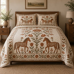 Copper Folk Bloom Horse Folk Garden Quilt Set