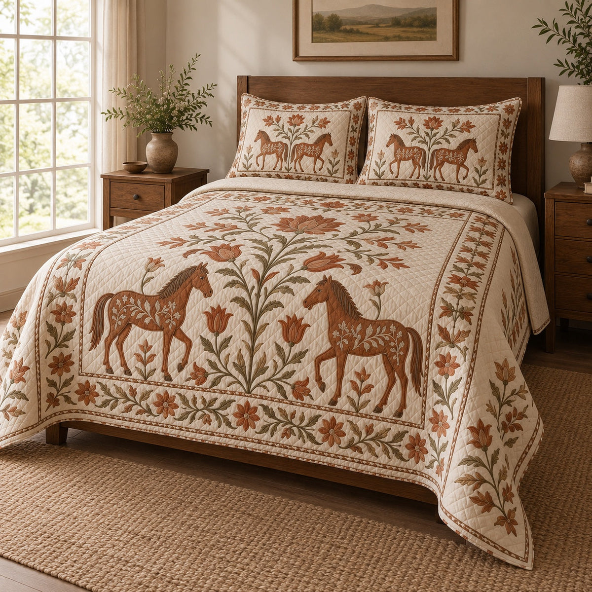 Copper Folk Bloom Horse Folk Garden Quilt Set, angled horse folk garden bedroom view