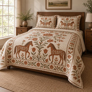 Copper Folk Bloom Horse Folk Garden Quilt Set, angled horse folk garden bedroom view
